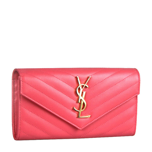 Yves saint Laurent/圣罗兰 金属logo标粉色牛皮斜纹女士长款钱包 #372264 BOW01 6618