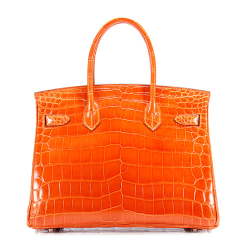 HERMES/爱马仕 桔色鳄鱼皮Birkin30银扣女士手提包